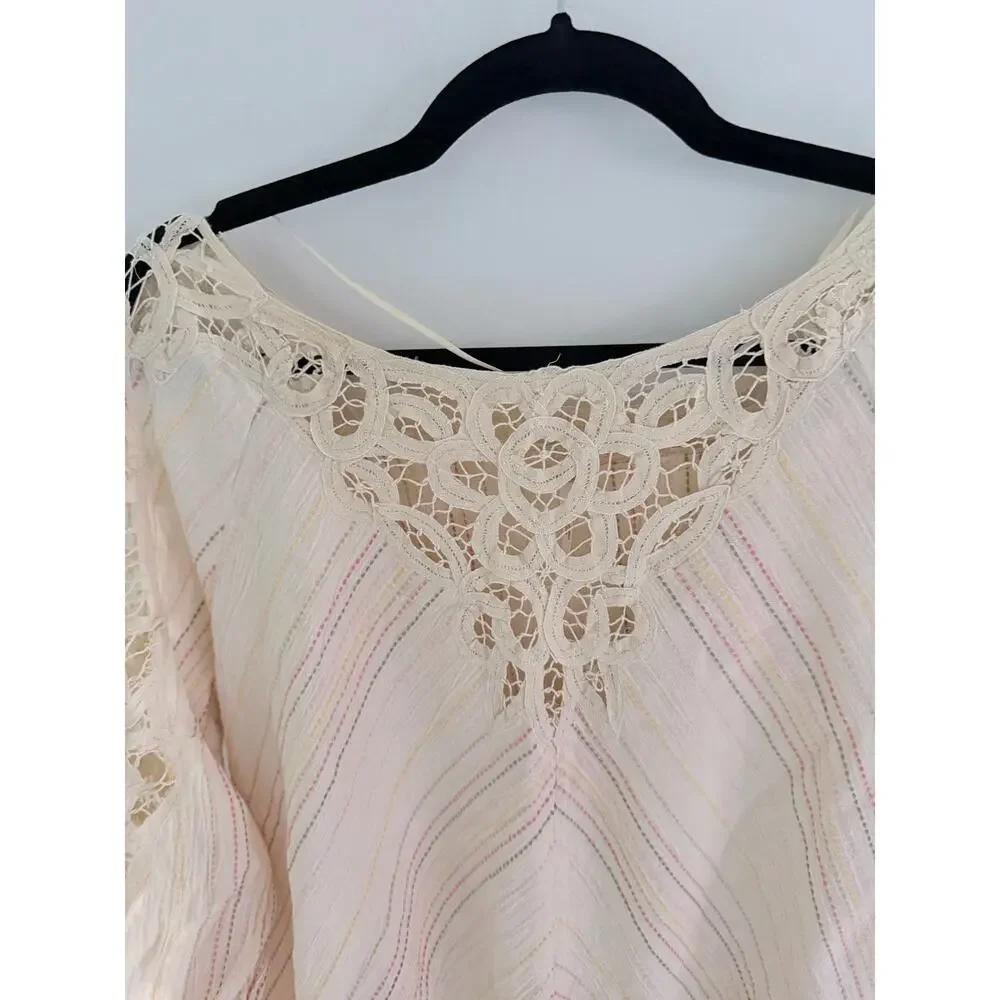 Free People Floating Memorie Crochet Peasant Neutral Cream Striped Blouse-Size L